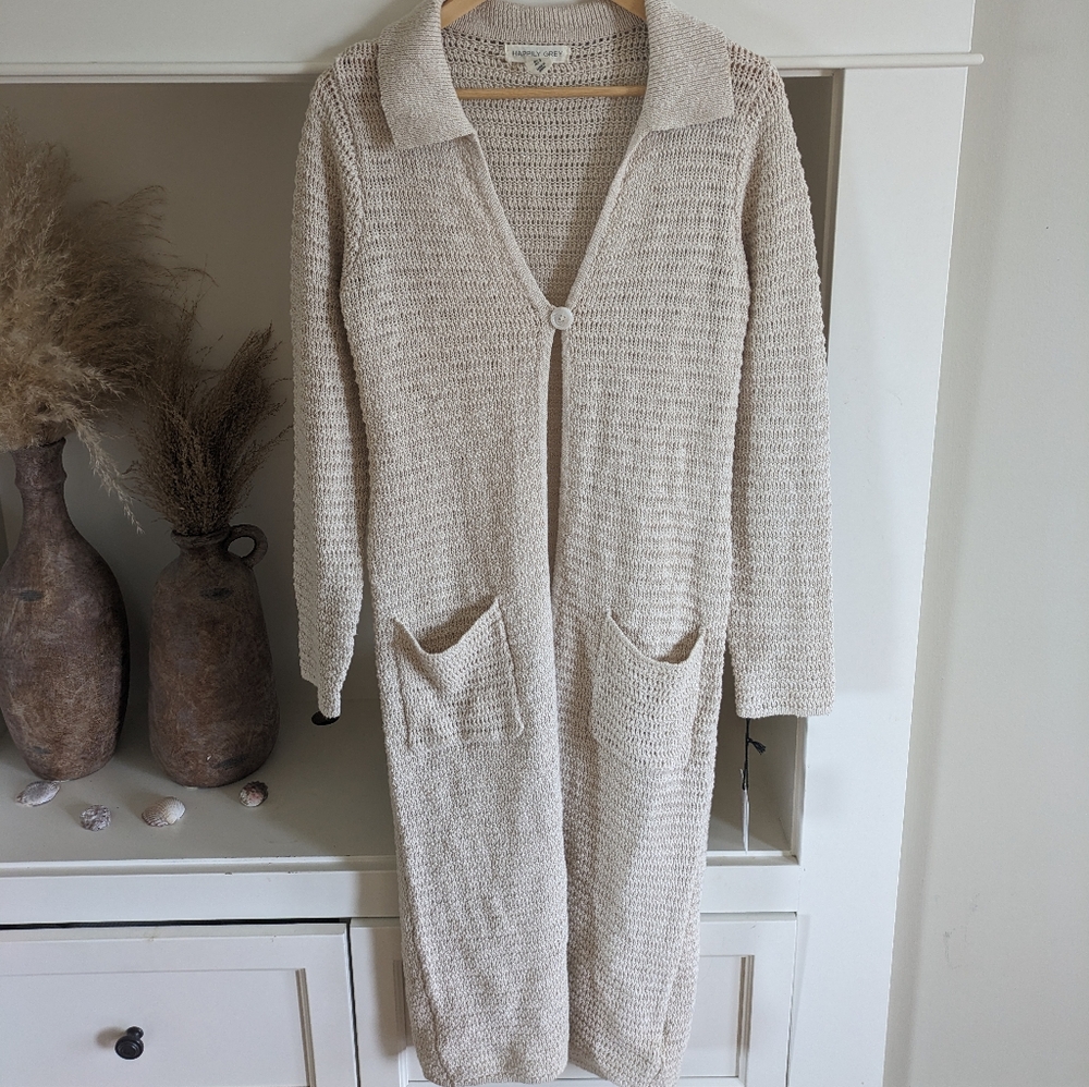 Cream Knit Crochet Long Cardigan with Pockets